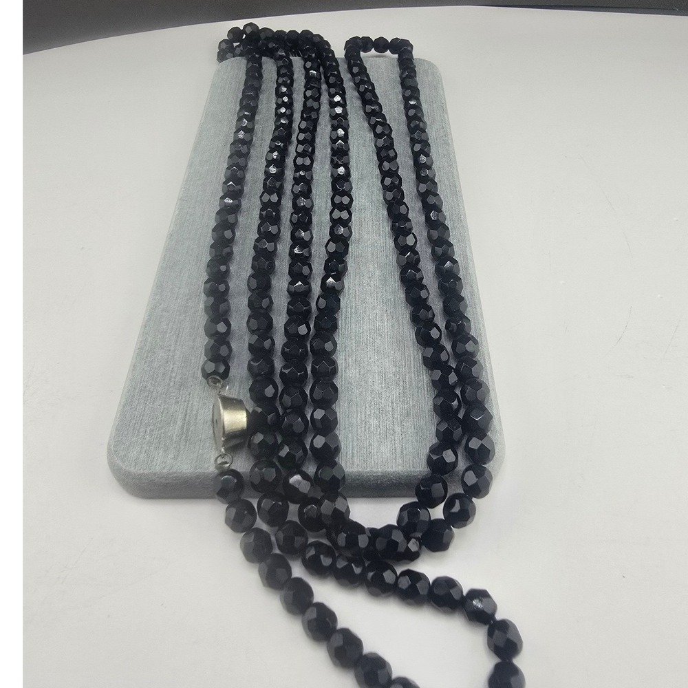 Vintage Estate Necklace Black Faceted Glass Hand Knotted 50" 50 Inch
